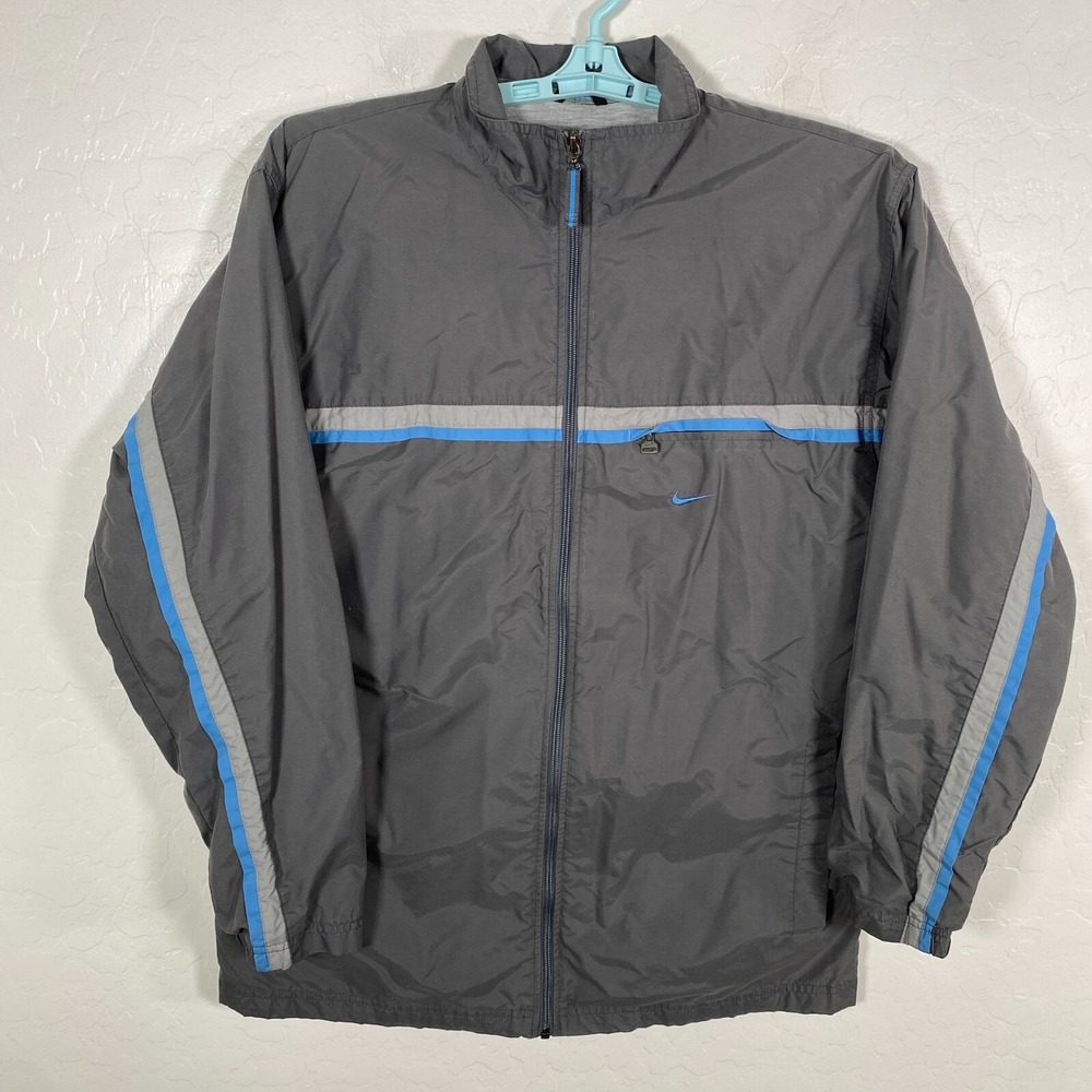 Vintage Nike Windbreaker Jacket Mens Large Gray Blue Full Zip Active Wear Swoosh